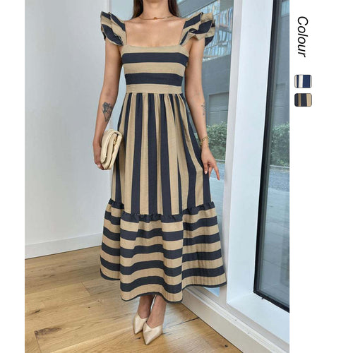 Damen Maxi-Kleid mit verspieltem Streifenmuster und Rüschendetails EB