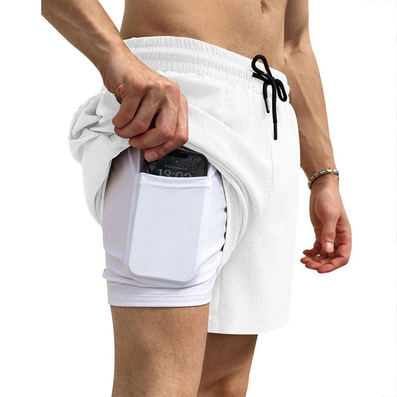 Herren nan zweilagige Schwimmshorts mit innerer Kompressionshose und seitlicher Smartphone-Tasche EB