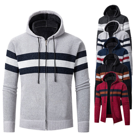 Herren lässiger Strickjacke mit Kapuze und Kontraststreifen EB