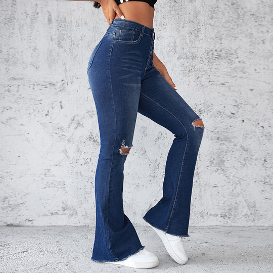 Damen Schlagjeans mit distressed Details und hohem Bund EB