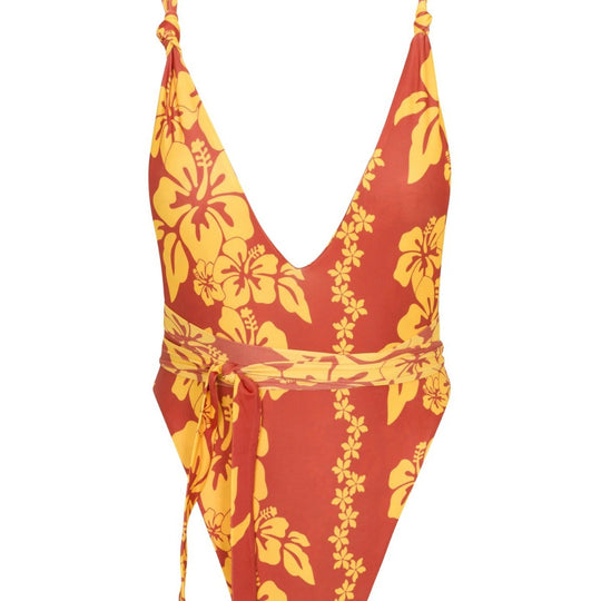 Damen Einteiliger Badeanzug mit tiefem V-Ausschnitt und floralem Design EB
