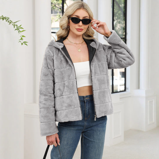 Damen Kuschelige Oversized-Fleecejacke mit Reißverschluss und Kapuze EB
