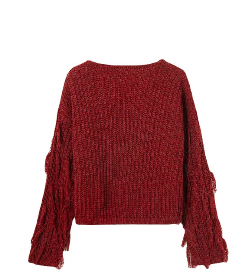 Damen Strickpullover mit fransigen Ärmeln und strukturierter Oberfläche EB