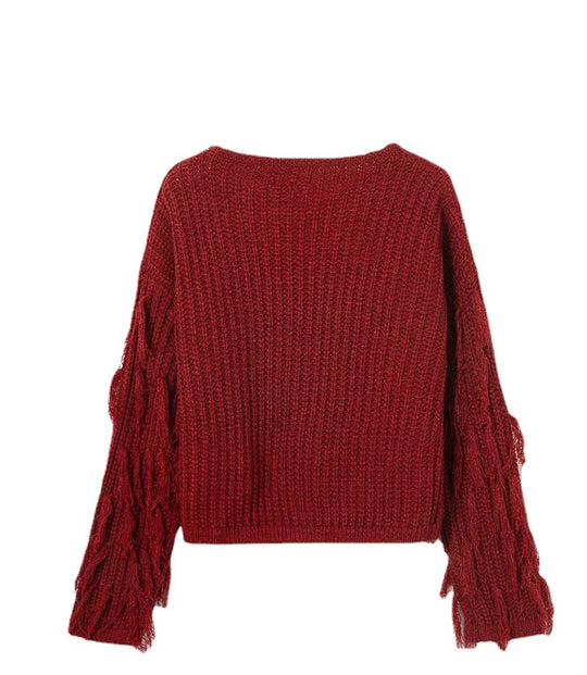 Damen Strickpullover mit fransigen Ärmeln und strukturierter Oberfläche EB