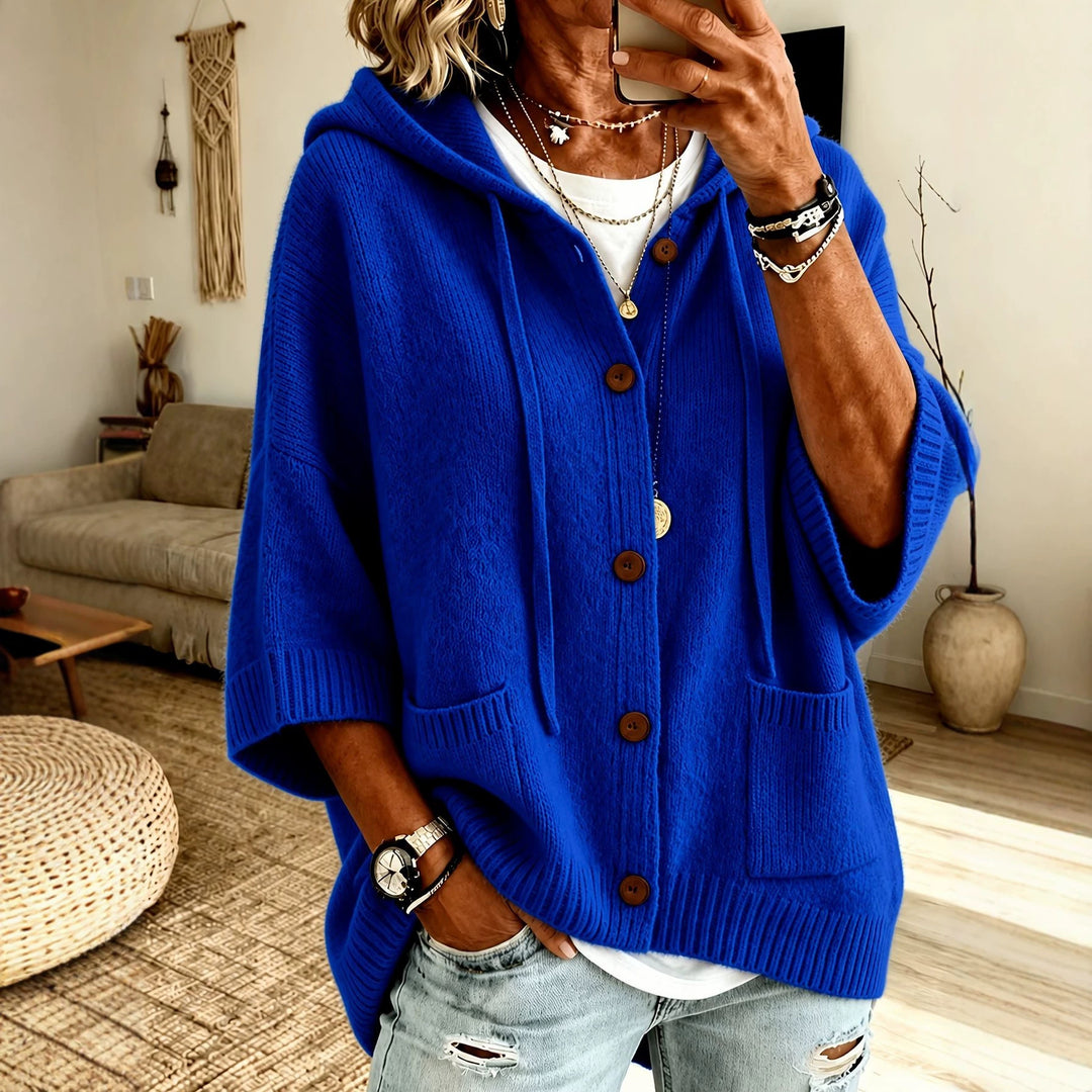 Damen Oversize Kapuzen-Cardigan mit Holzknöpfen und kastiger Silhouette EB