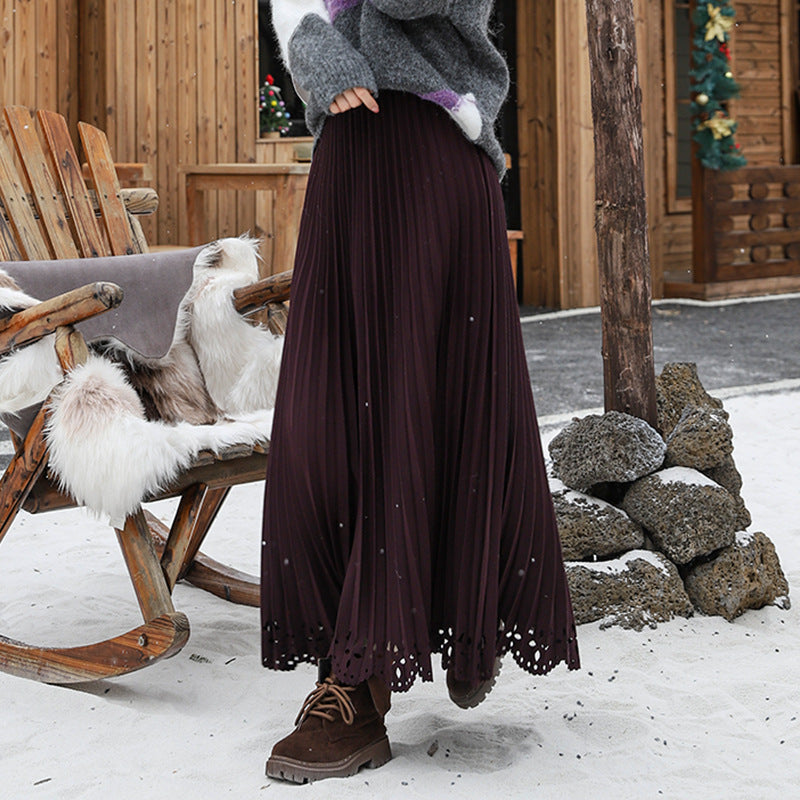 Damen  plissierter Midirock mit feinem Plissee, elastischem Taillenbund und floraler Lasercut-Saum EB