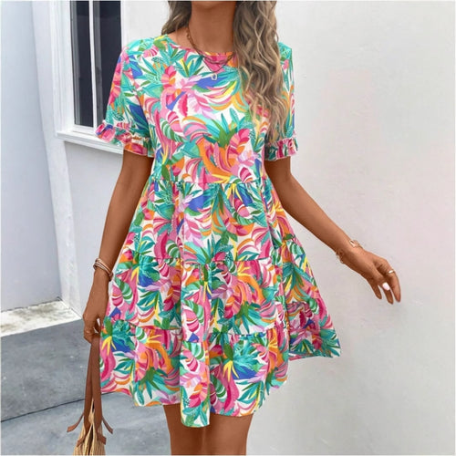 Damen Sommerliches Freizeitkleid mit Rüschendetails und frischem Blumenmuster EB