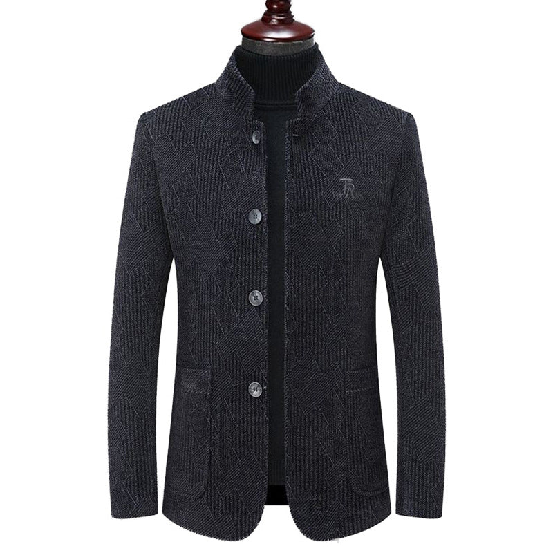 Herren Moderner Stehkragen-Blazer im Bouclé-Look mit feiner geometrischer Struktur EB