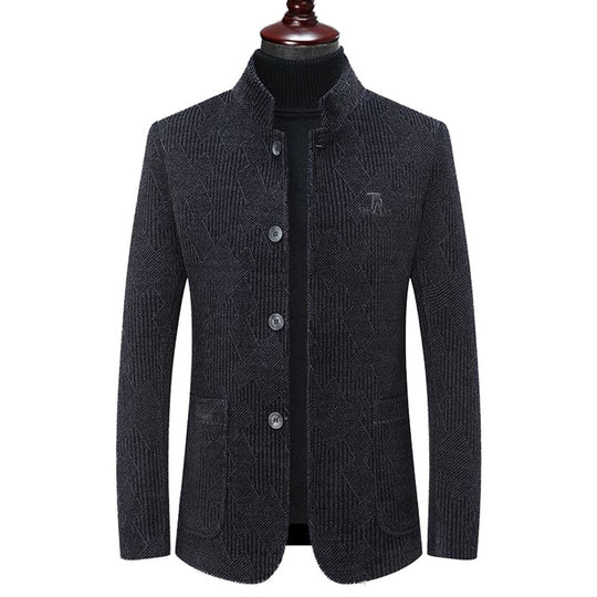 Herren Moderner Stehkragen-Blazer im Bouclé-Look mit feiner geometrischer Struktur EB