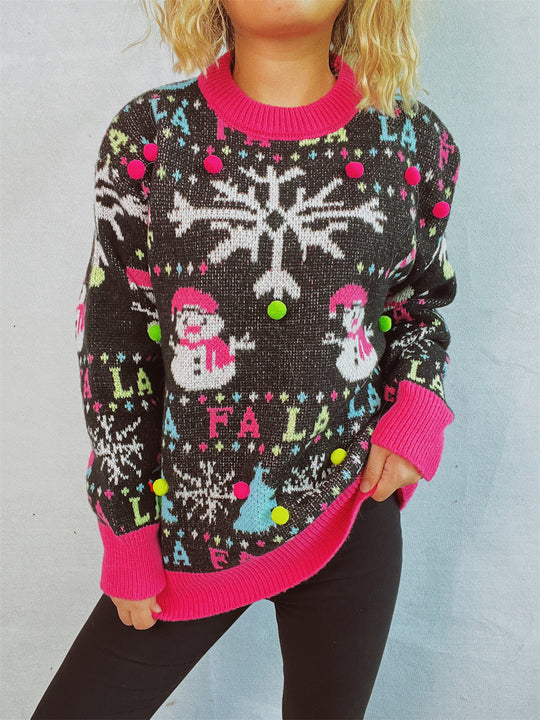 Damen festlicher Pullover mit bunten 3D-Applikationen und motivischem Design EB