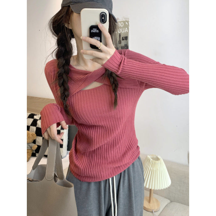 Damen Langarmshirt mit offener Schulterpartie und Rippstrickmuster EB
