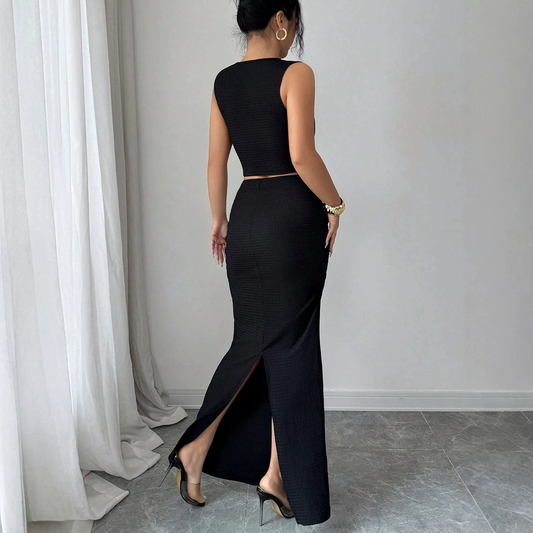 Damen nan zweiteiliges tailliertes Set mit asymmetrischem Cut-Out Crop-Top und figurbetontem Maxi-Bleistiftrock EB