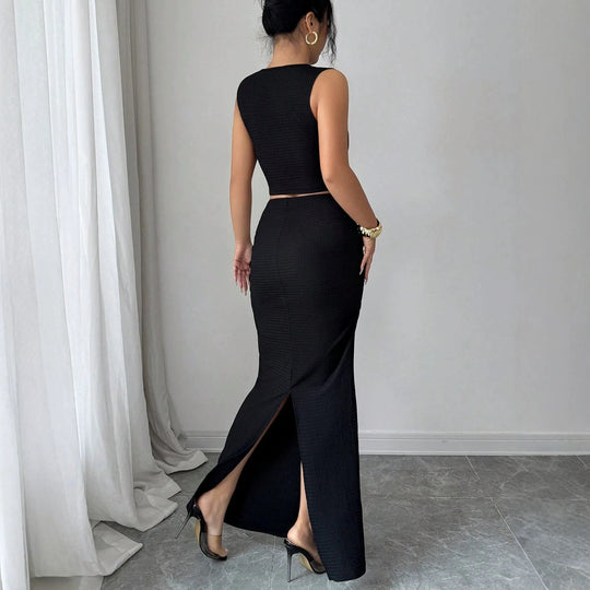 Damen nan zweiteiliges tailliertes Set mit asymmetrischem Cut-Out Crop-Top und figurbetontem Maxi-Bleistiftrock EB