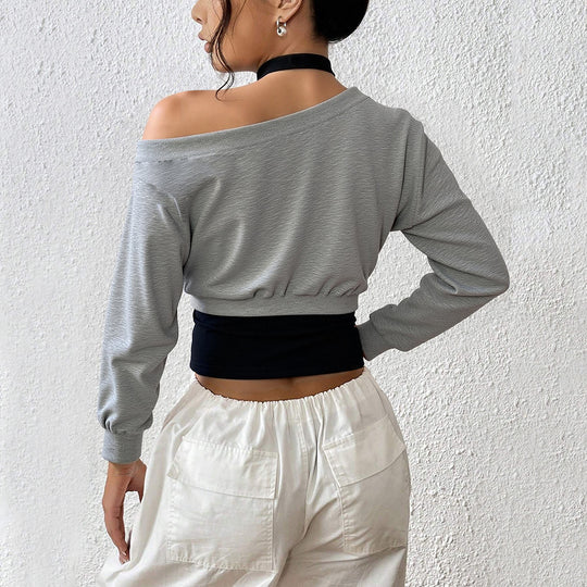 Damen cropped Sweatshirt mit weitem Carmen‑Ausschnitt, ballonärmeln und gerafftem Bund Eichborn Berlin