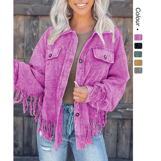 Damen Fransen-Jacke aus Denim im lässigen Oversize-Schnitt EB