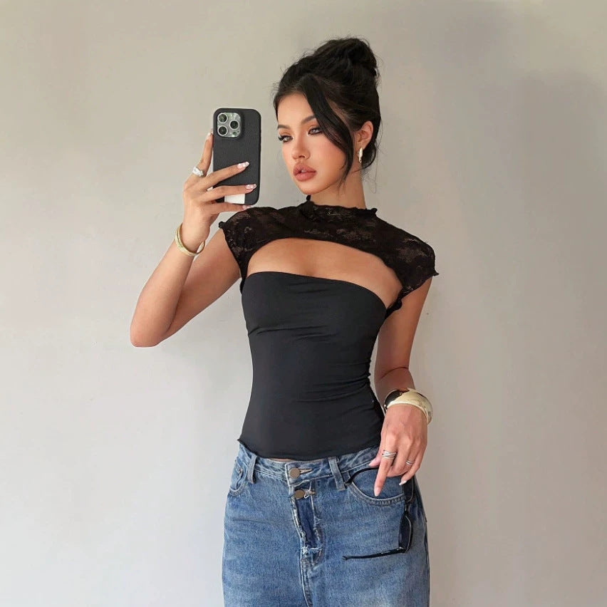 Damen Body mit Spitzenkragen und enganliegendem Schnitt EB