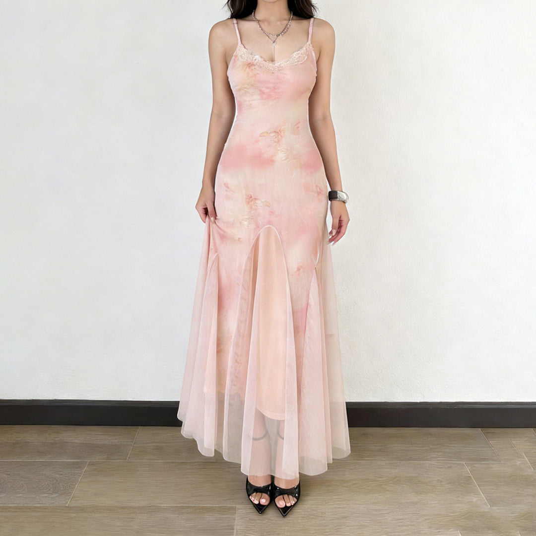 Damen elegantes Maxikleid aus transparenter Spitze und floralem Design EB