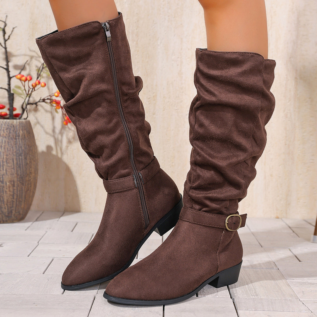 Damen kniehoher Slouch-Stiefel aus weichem Microvelours mit Ziergurt und niedrigem Blockabsatz EB
