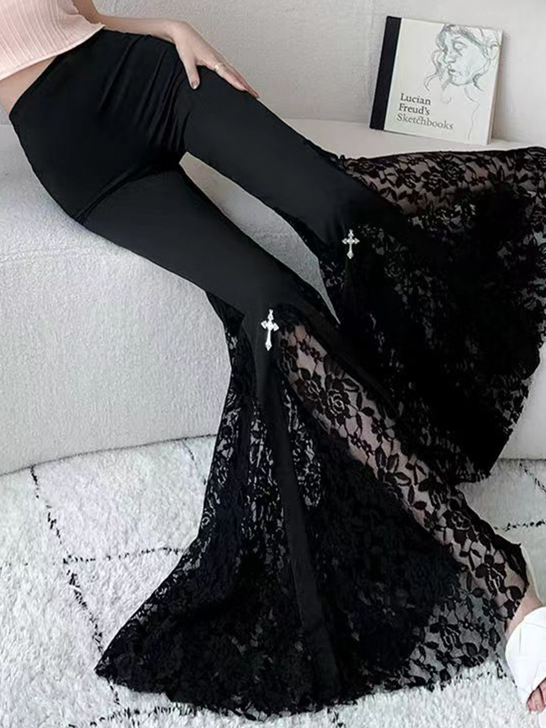 Damen Elegante Schlaghose mit Spitzenapplikationen EB