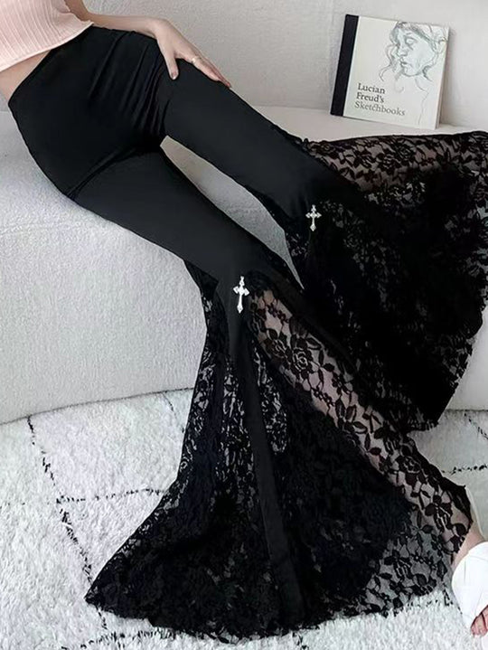 Damen Elegante Schlaghose mit Spitzenapplikationen EB