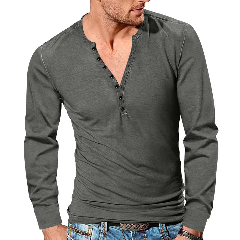 Herren nan langärmeliges Henleyshirt mit tiefer V-Knopfleiste, schmalem Slimfit und leichter Baumwollmischung EB