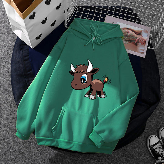 Damen nan Kapuzenpullover mit charmantem Stier-Karikaturprint, Kängurutasche und entspanntem Oversize-Schnitt EB