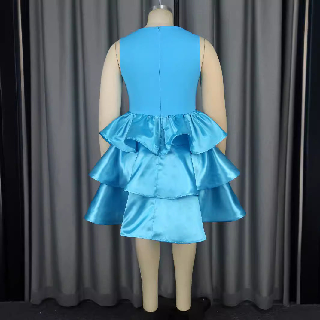 Damen Festliches Schwingendes Kleid mit Volant und Transparente Einsätze EB