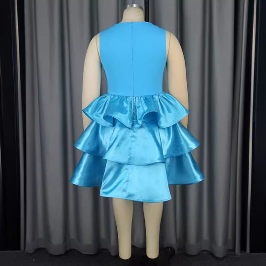 Damen Festliches Schwingendes Kleid mit Volant und Transparente Einsätze EB