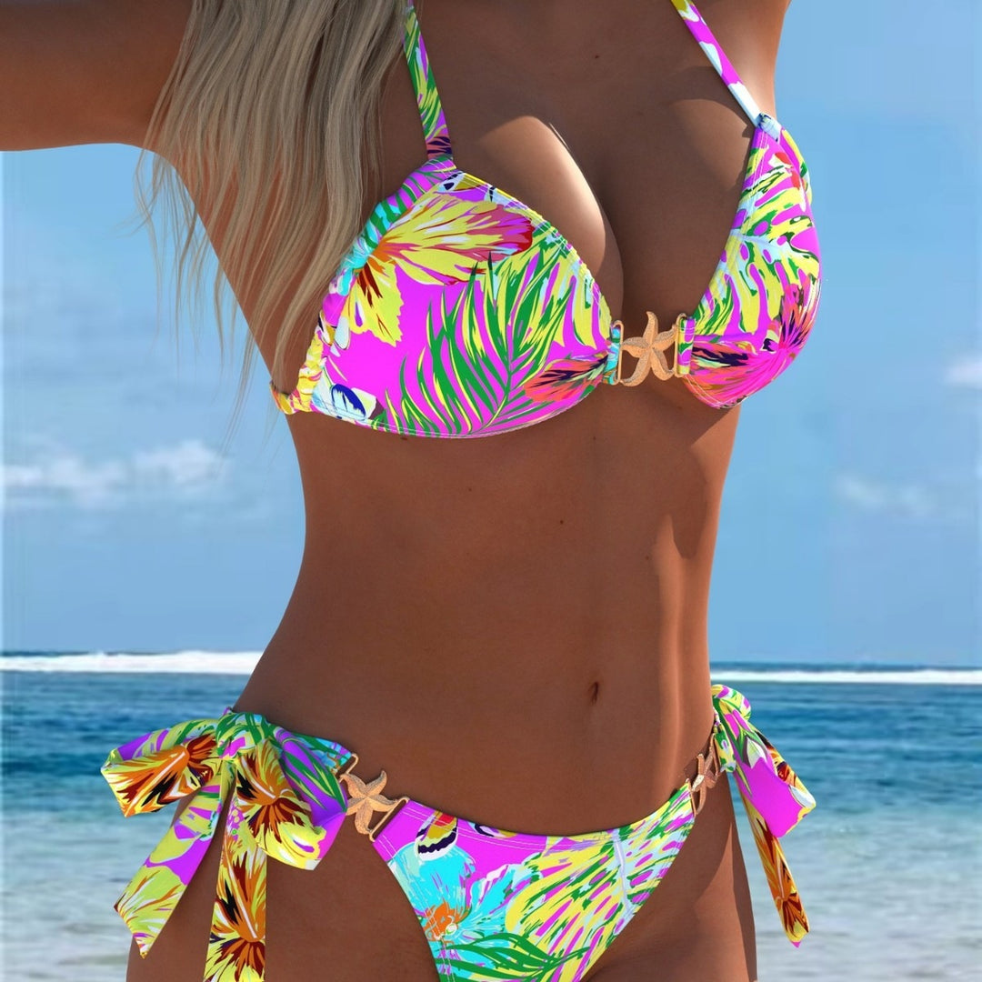 Damen Triangel-Bikini mit tropischem Muster und dekorativen Schnürdetails EB
