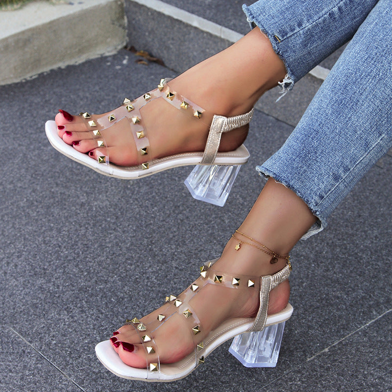 Damen trendige Riemchen-Sandalen mit funkelnden Nieten und transparentem Blockabsatz EB