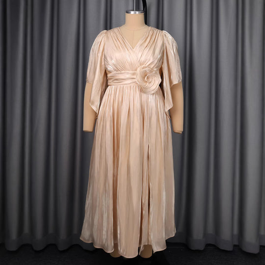 Damen Fließendes Maxi-Kleid mit eleganten Volantärmeln und Taillengürtel EB