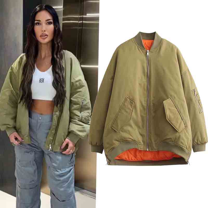Damen modische Oversized Bomberjacke mit funktionalen Taschen und sportlichem Design EB