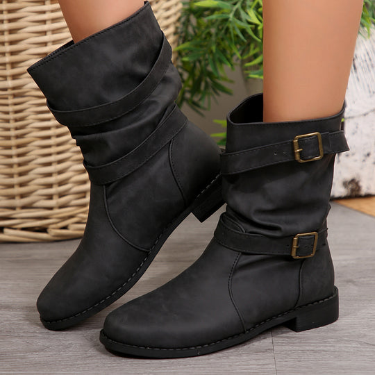 Damen nan lässige Slouch-Ankleboots mit zwei Zier-Riemen und dekorativen Metallschnallen EB