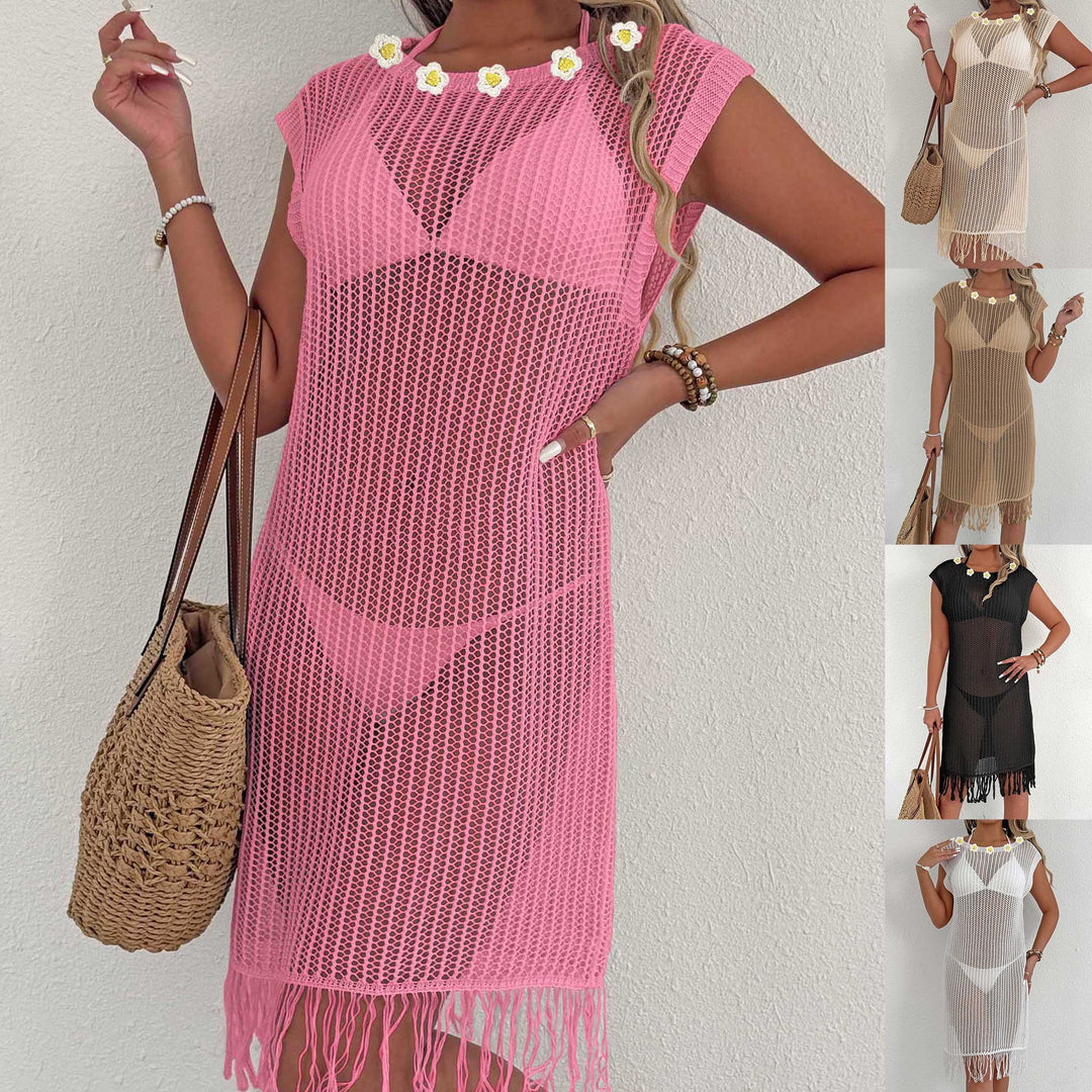 Damen luftiger Netzstrandkleid mit Fransen EB
