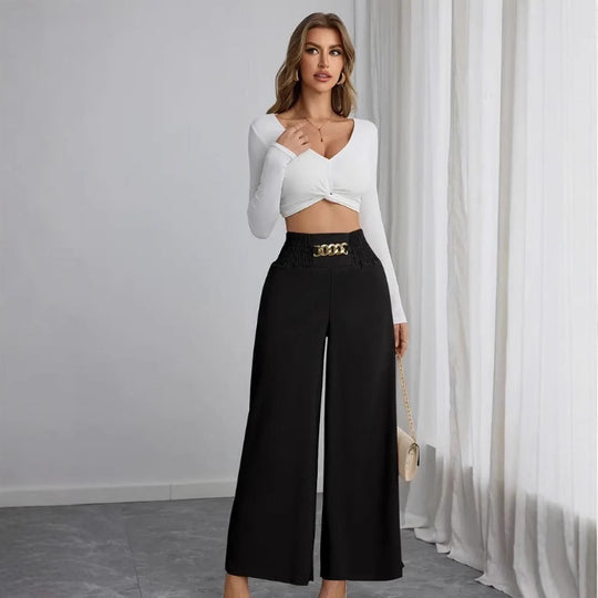Damen Weite High-Waist Hose mit dekorativem Gummizug und modischem Gürtel EB