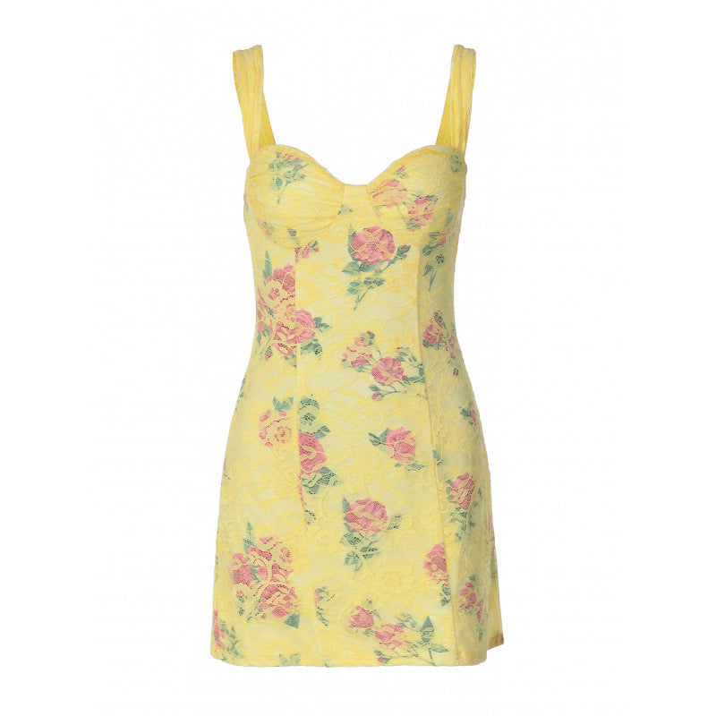 Damen Figurbetontes Sommerkleid mit Blumendruck und Herz-Ausschnitt EB