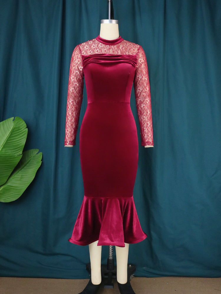 Damen Elegant Fit-and-Flare Kleid mit Spitzenärmeln EB