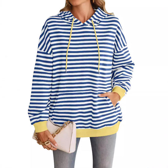 Damen gestreifter Kapuzenpullover mit stylischer Kängurutasche EB