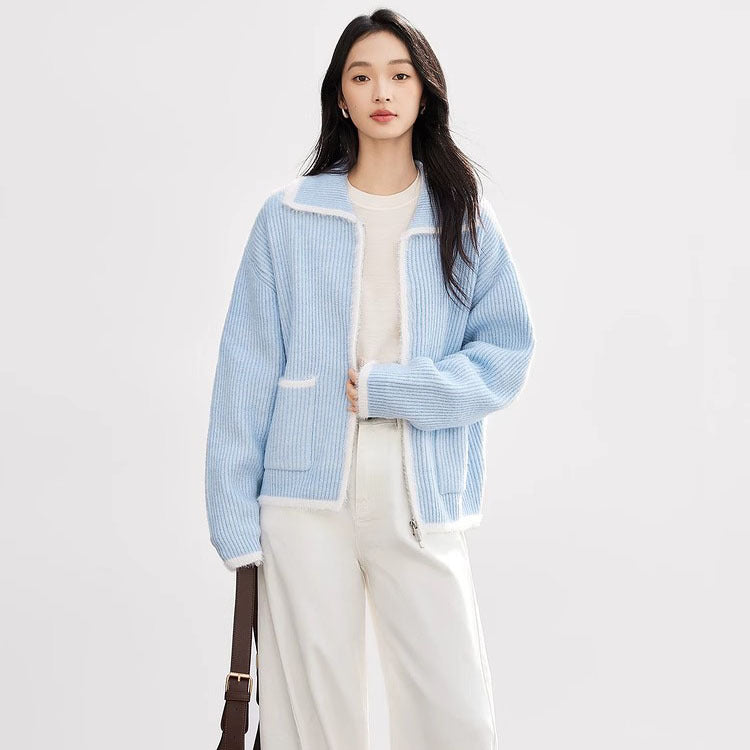 Damen Flauschiger Strickcardigan mit praktischen Taschen und hohem Kragen EB