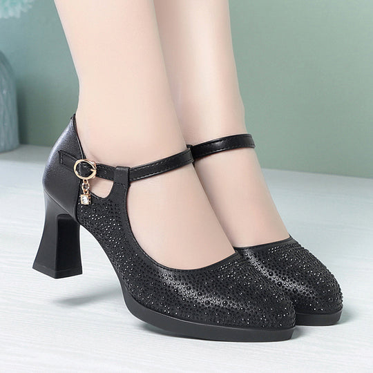 Damen Hochwertige Pumps mit funkelndem Strassbesatz und elegantem Riemen EB