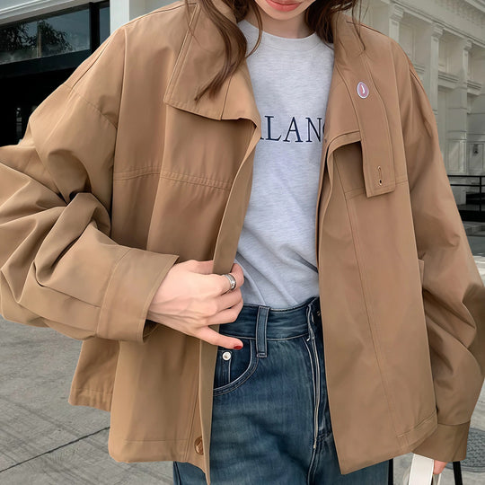 Damen modische Kurzjacke mit innovativem Kragen und dekorativen Knöpfen EB