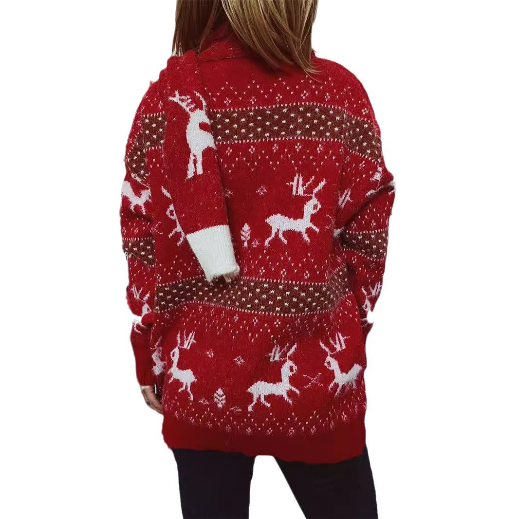 Damen Strickpullover mit festlichem Rentier-Motiv und hohem Kragen EB