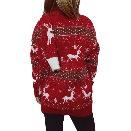 Damen Strickpullover mit festlichem Rentier-Motiv und hohem Kragen EB