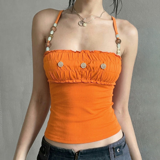Damen Spitzen-Crop-Top mit dekorativem Rüschen und Knopfdetails EB