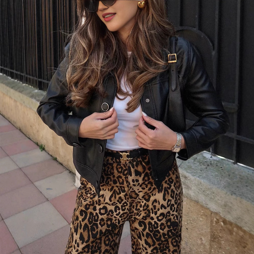 Damen Modische Palazzo-Hose mit Leopardenmuster EB
