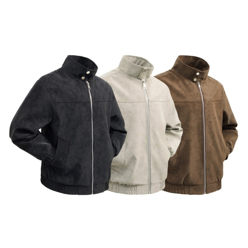 Herren kurzer Velours‑Imitat Blouson mit hohem Stehkragen, Metallreißverschluss und elastischem Saum EB