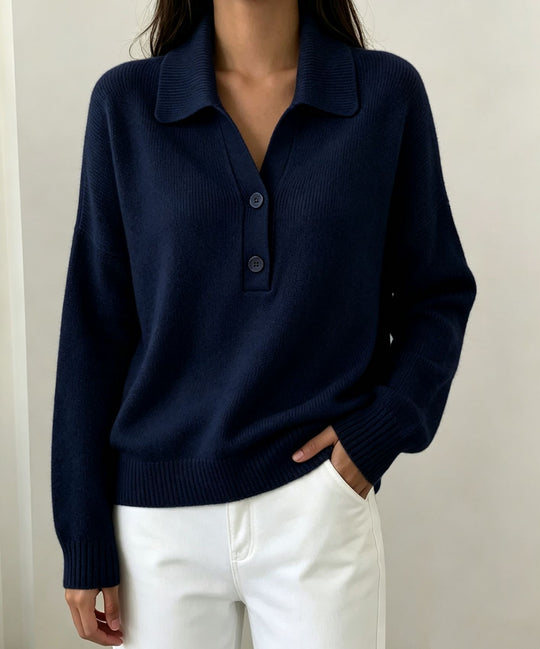 Damen Polokragen-Pullover mit halber Knopfleiste und geripptem Saum EB