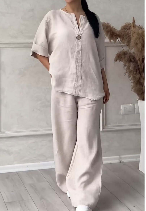 Damen nan lässiges Leinen-Relax-Set mit weiter Hose und Hemdbluse EB