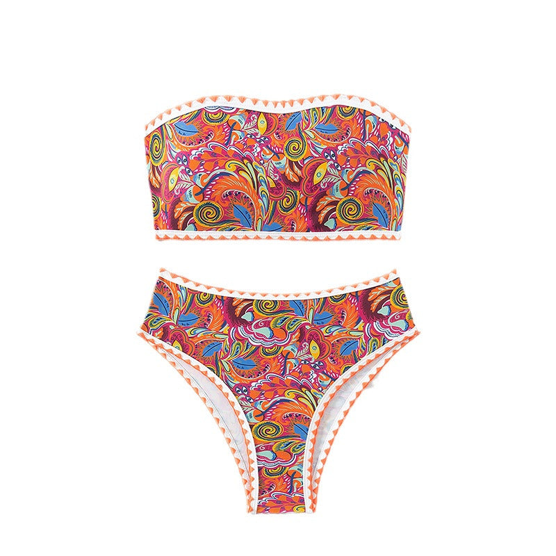 Damen Bandeau-Bikini mit buntem Psychedelic-Design und eleganten Rüschen EB