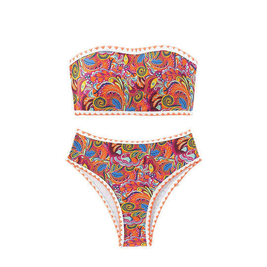 Damen Bandeau-Bikini mit buntem Psychedelic-Design und eleganten Rüschen EB